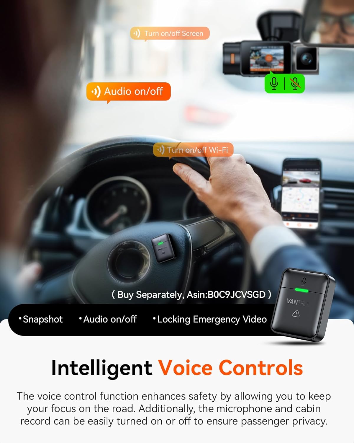 Caméra embarquée Vantrue N2X 2.7K (avant et intérieur) avec double caméra WiFi 5G, vision nocturne infra– Rouge HDR, STARVIS 2, GPS, enregistrement vidéo 2.5K/60 ips, capteur G, mode parking 24h/24 et 7j/7, commande vocale