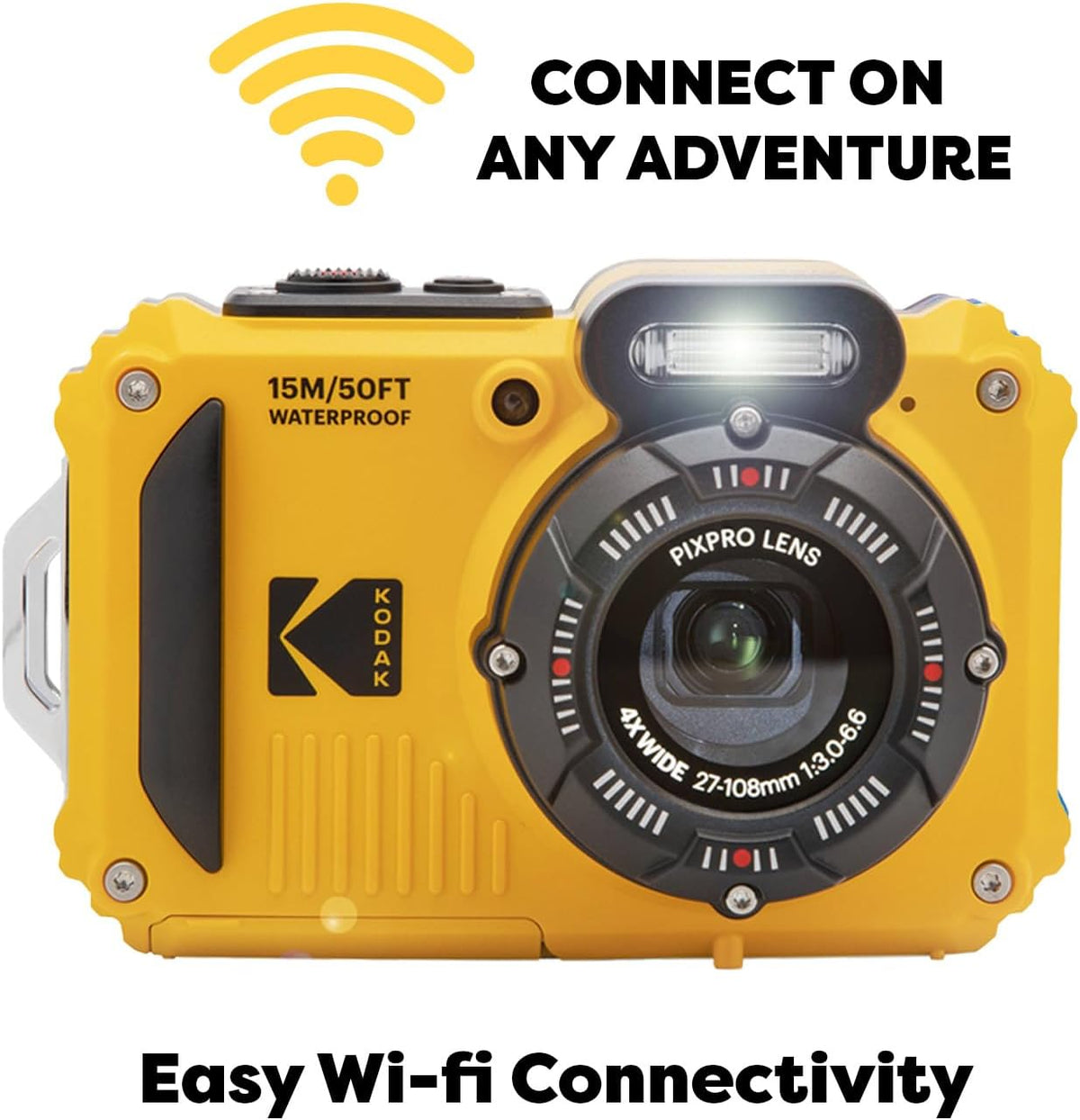 Kodak PIXPRO WPZ2 Appareil photo digital robuste, résistant à l’eau et antichoc 16 MP, grossissement optique 4x, vidéo Full HD 1080p, écran LCD 2,7 pouces (jaune), carte SD 32 Go, étui compact - Noir, dragonne flottante (lot de 7)