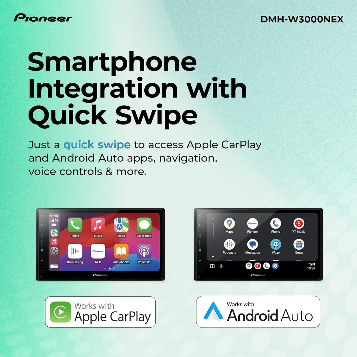 Autoradio multimédia numérique Pioneer DMH-W3000NEX 6,8" double DIN doté de Apple CarPlay et Android Auto sans fil, Bluetooth, compatible caméra de recul, affichage tactile et navigation intuitive.