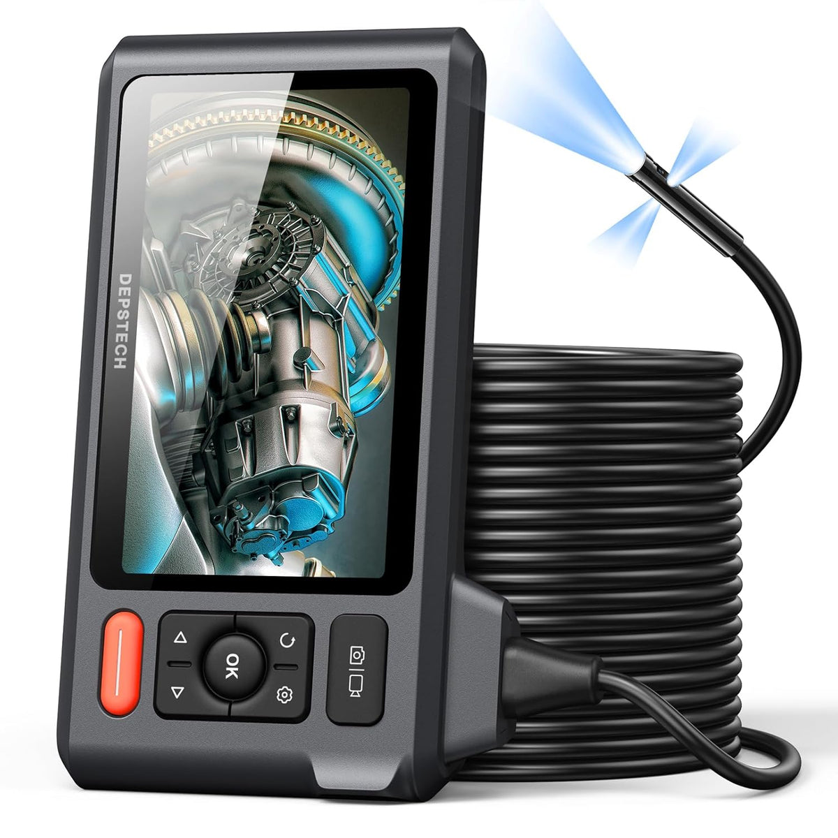Caméra endoscopique à triple objectif avec éclairage et câble semi-rigide de 15 m, DEPSTECH, caméra d'inspection des canalisations avec écran IPS de 5 pouces, endoscope industriel 1080p, écran partagé, outil résistant à l’eau pour canalisations