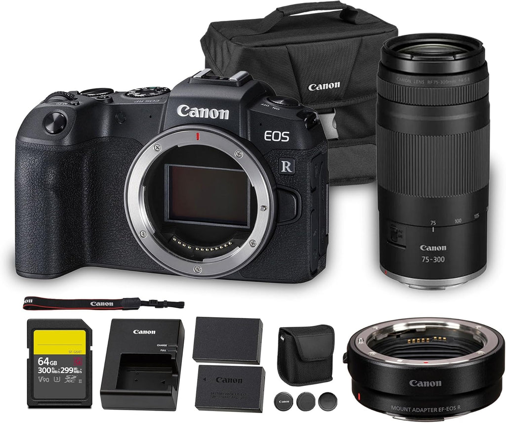 Appareil photo hybride Canon EOS RP | Capteur plein format 26,2 Mpx | Enregistrement vidéo 4K | Appareil photo compact et léger adapté aux déplacements et la création de contenu au quotidien + Objectif Canon RF 75-300 mm + Adaptateur EF-EOS R + Ac…