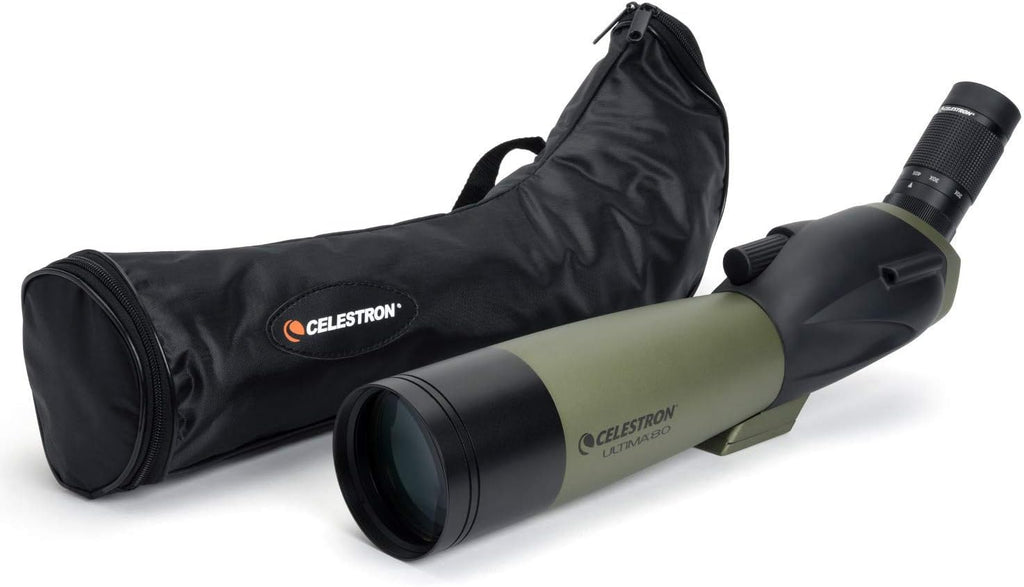 Télescope réfracteur coudé Celestron 52250 Ultima 20-60x80 mm doté de optiques multicouches, tube en caoutchouc résistant à l’eau et étui de transport souple vert