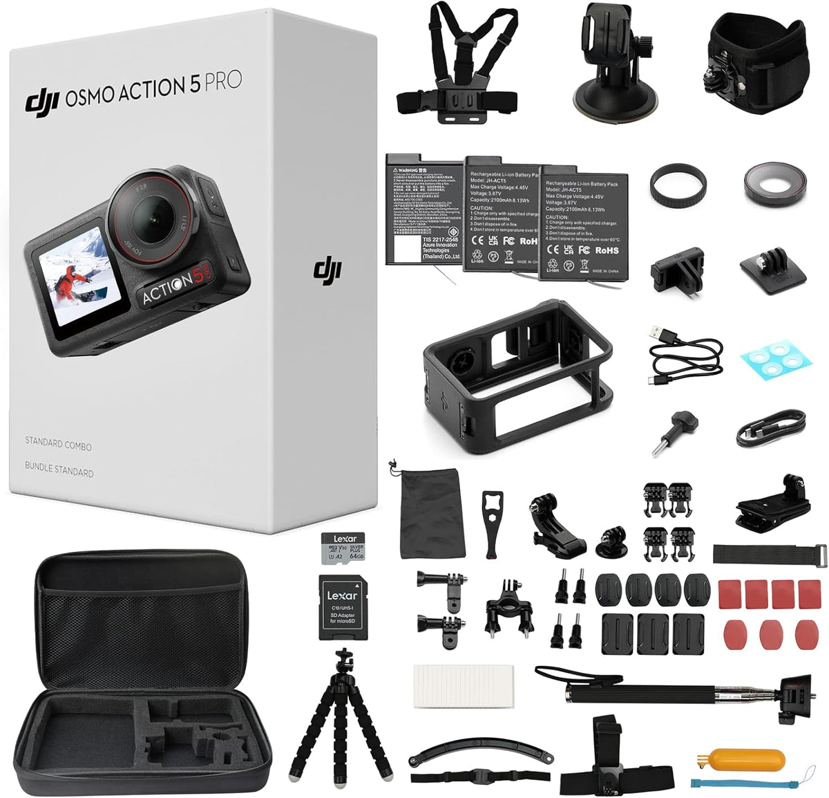 DJI Osmo Action 5 Pro - Kit Standard avec kit de 58 accessoires, 2 batteries supplémentaires et carte de stockage 64 Go - Caméra sportive résistant à l’eau avec capteur 1/1,3", vidéo 4K/120 ips, adaptée à le sport