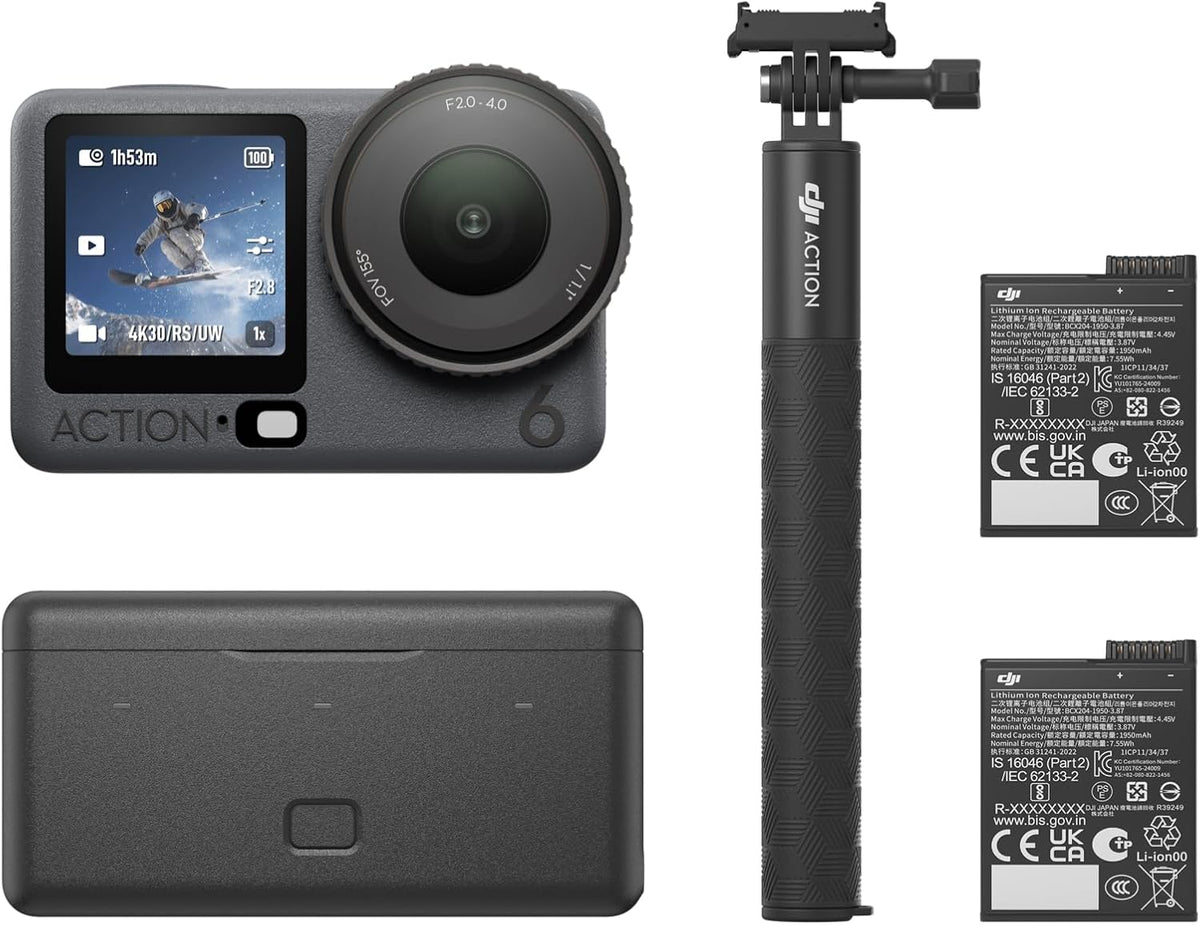 DJI Osmo Action 6 : Caméra sportive combinée améliorée avec capteur carré 1/1,1″, ouverture variable de f/2.0 à f/4.0, autonomie prolongée grâce à 2 batteries, enregistrement vidéo 8K pour des prises de vue en extérieur prolongées.