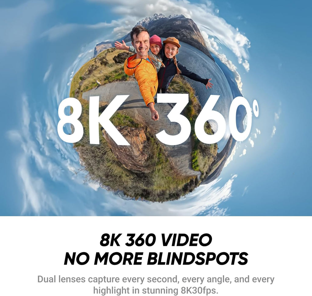 Kit Insta360 X4 Air Starter : caméra 360° 8K légère (165 g), perche à selfie invisible, objectifs interchangeables, prise de vue avant cadrage, protection anti-vent intégrée, stabilisation FlowState, application basée sur l’IA
