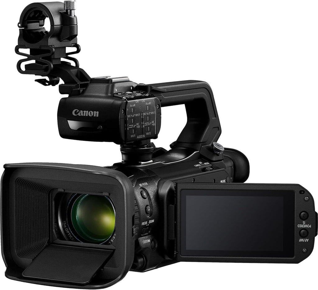 Caméscope professionnel Canon XA75 UHD 4K doté de zoom optique 15x, capteur CMOS 1 pouce, double sortie audio XLR, sorties SDI et HDMI, autofocus Dual Pixel, USB-C, streaming en direct et stabilisation 5 axes (inclus).