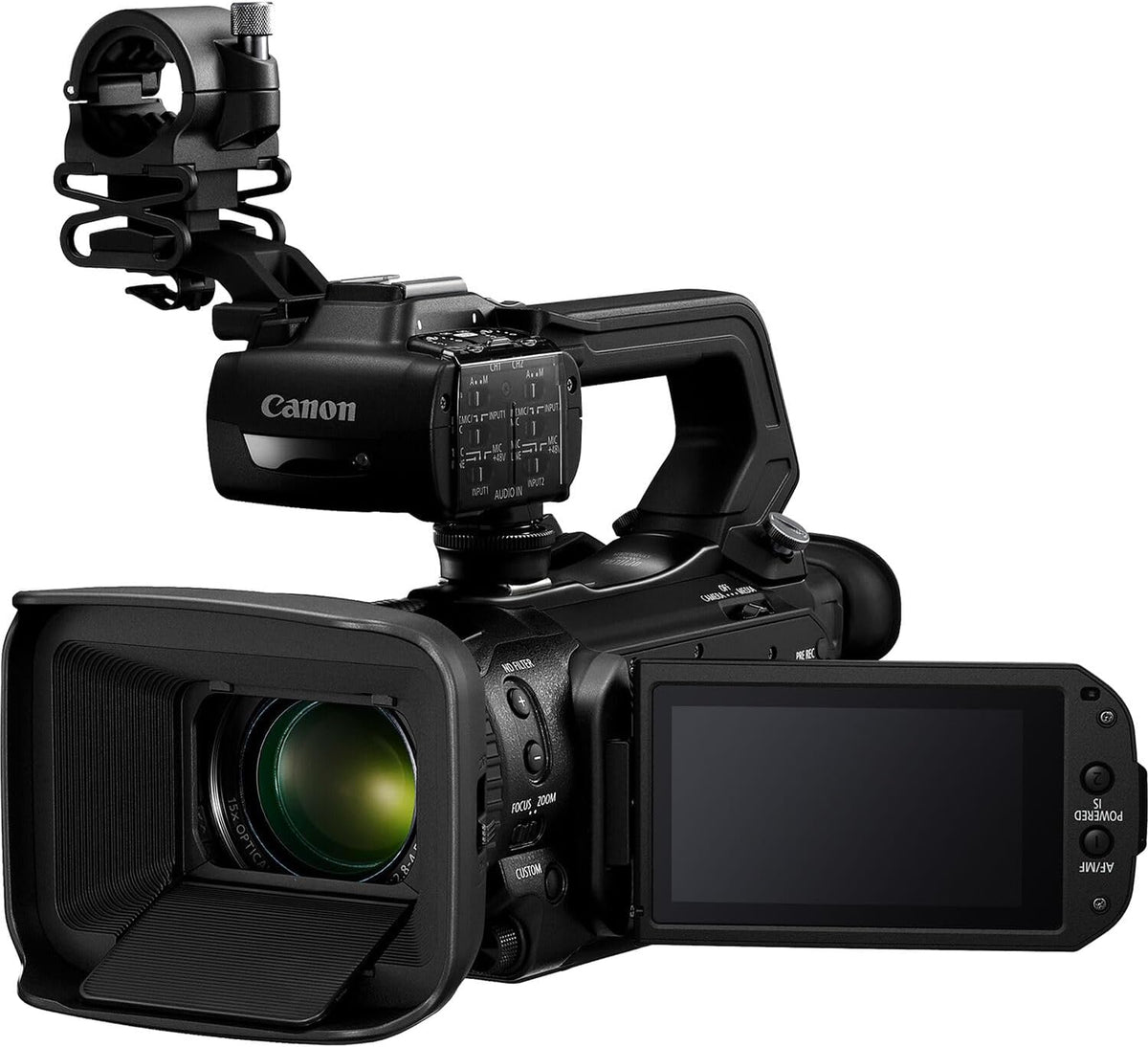 Caméscope professionnel Canon XA75 UHD 4K doté de zoom optique 15x, capteur CMOS 1 pouce, double sortie audio XLR, sorties SDI et HDMI, autofocus Dual Pixel, USB-C, streaming en direct et stabilisation 5 axes (inclus).