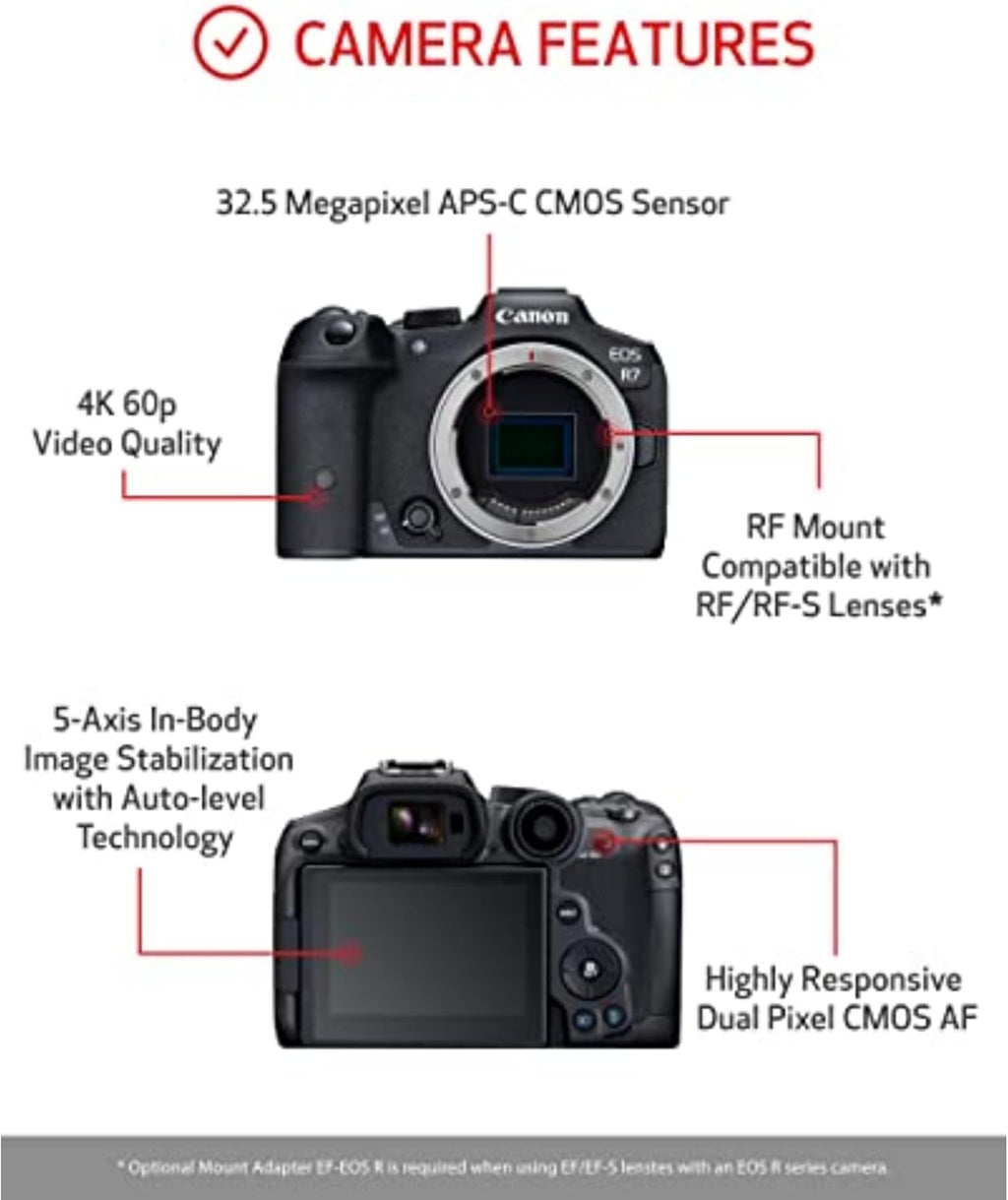 Appareil photo hybride Canon EOS R7 (boîtier nu) - Capteur CMOS APS-C 32,5 mégapixels - Vidéo 4K - Idéal pour les créateurs de contenu sportif et de vlogging - Noir – Présentation
