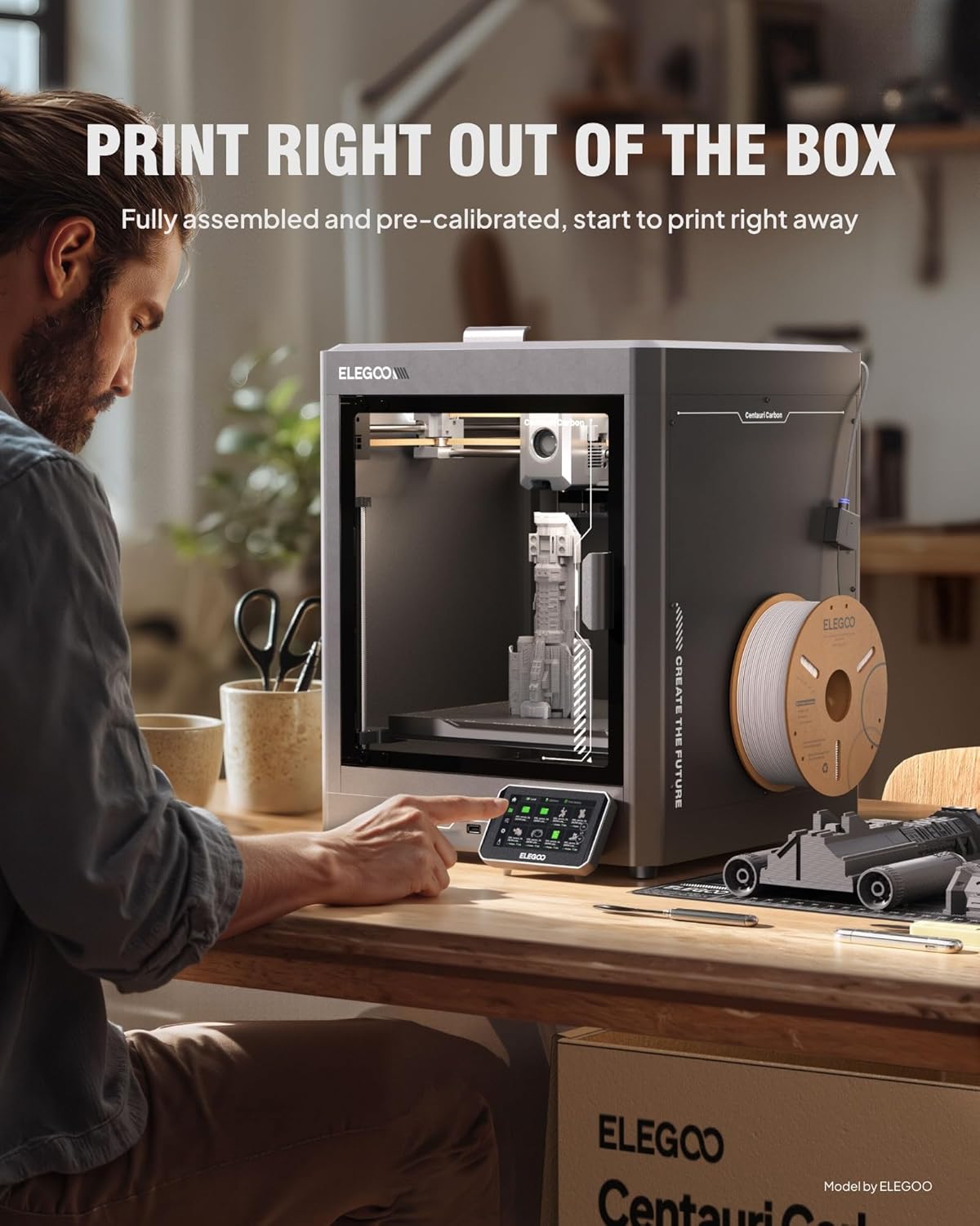 Imprimante 3D ELEGOO Centauri Carbon, impression haute vitesse CoreXY 500 mm/s avec auto-calibration, buse 320 °C et caméra intégrée, prête à imprimer dès la sortie de la boîte, volume d'impression 256 x 256 x 256 mm – Présentation