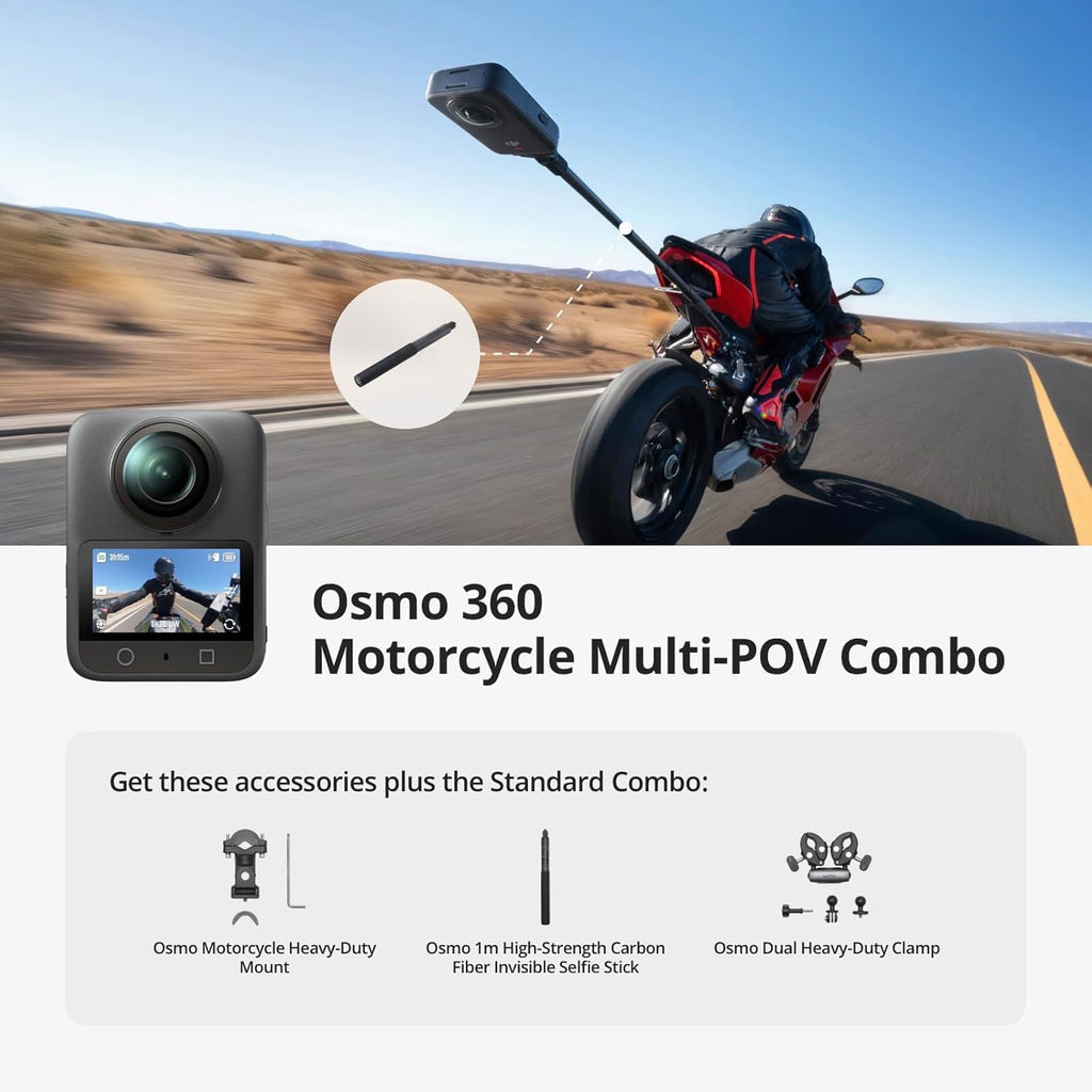 Caméra sportive DJI Osmo 360 pour moto, offrant une vision multi-points de vue (POV) avec un écran de 1 pouce, une caméra 360° 4K/120 ips, un système Boost à 170°, un support robuste et une résolution native 8K.