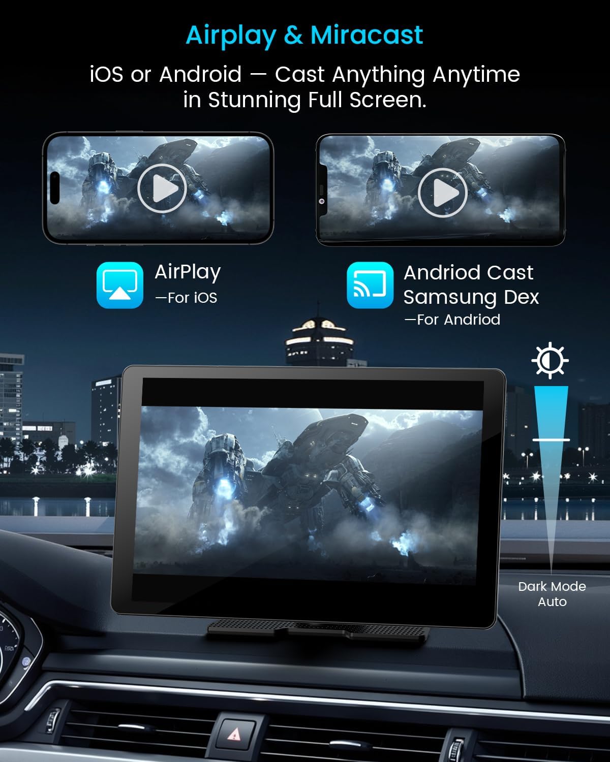 Écran sans fil extra large Apple CarPlay 11 pouces pour voiture – Autoradio tactile ultra-fin de 0,16 pouce doté de Android Auto, caméra embarquée 4K, caméra de recul 1080p, GPS, Mirror Link et commande vocale