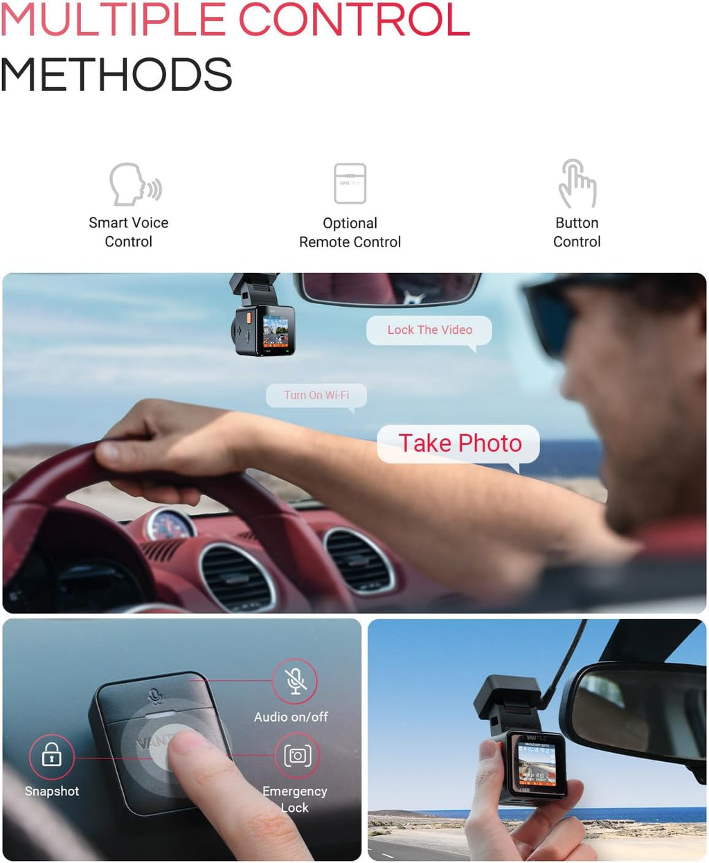 Caméra embarquée Vantrue E1 Pro 4K Mini avec vision nocturne HDR PlatePix, WiFi 5G intégré, GPS, écran IPS 1,54'', commande vocale, enregistrement en continu 24h/24 et 7j/7, mode parking, prise en charge jusqu'à 1 To de mémoire – Présentation