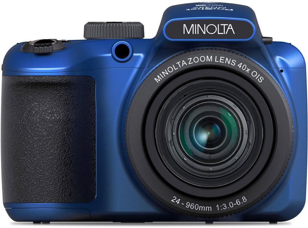 Appareil photo numérique MINOLTA MN40Z 20 mégapixels, zoom optique 40x, vidéo Full HD 1080p, bleu. Pack comprenant : carte mémoire 64 Go, trépied pour vlogging, 4 piles AA doté de chargeur et accessoires.