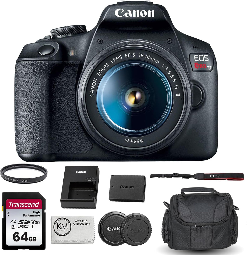 Reflex numérique Canon EOS Rebel T7 doté de objectif 18-55 mm, carte mémoire 64 Go, sac photo, filtre UV 58 mm et chiffon de nettoyage en microfibre (5 articles).