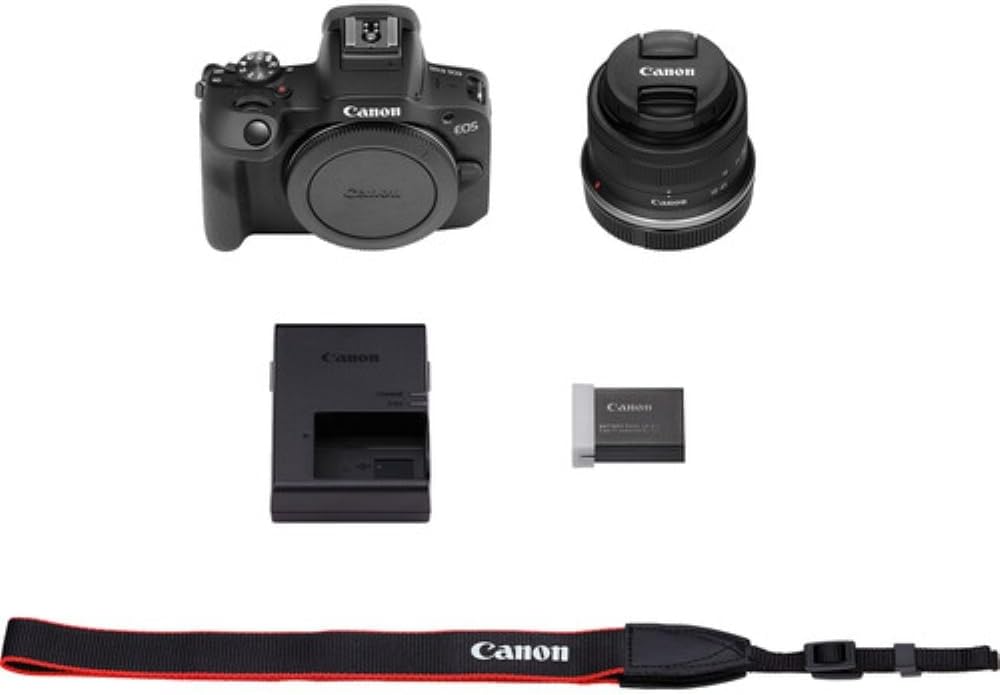 Appareil photo hybride Canon EOS R100 doté de objectif RF-S 18-45 mm F4.5-6.3 IS STM, capteur CMOS 24,1 mégapixels (APS-C), vidéo 4K, monture RF | Noir | Livré doté de carte de stockage 64 Go et sacoche (3 articles)