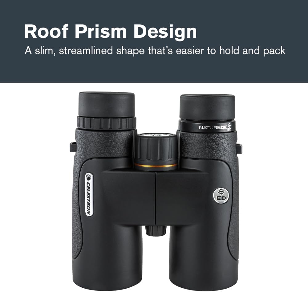 Jumelles Celestron–Nature DX ED 10x42 Premium – Objectifs à très faible dispersion – Jumelles pour l'extérieur et l'observation des oiseaux – Traitement multicouche intégral avec prismes BaK-4 – Revêtement en caoutchouc – Jumelles antibuée et rési…