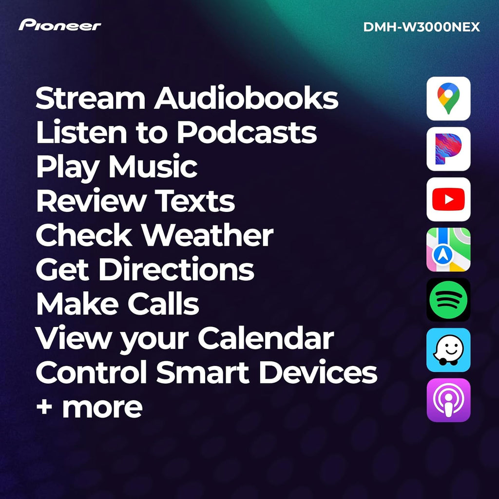 Autoradio multimédia numérique Pioneer DMH-W3000NEX 6,8" double DIN doté de Apple CarPlay et Android Auto sans fil, Bluetooth, compatible caméra de recul, affichage tactile et navigation intuitive.
