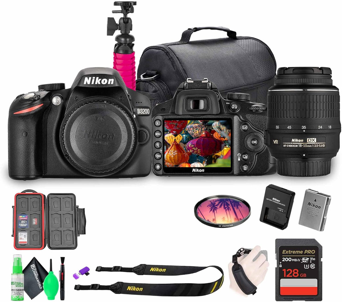 Kit appareil photo reflex numérique Nikon D3200 24,2 Mpx doté de objectif zoom VR 18-55 mm – Enregistrement vidéo Full HD 1080p, système autofocus rapide à 11 points + carte mémoire 128 Go + étui de protection pour carte mémoire + sac photo + acce…
