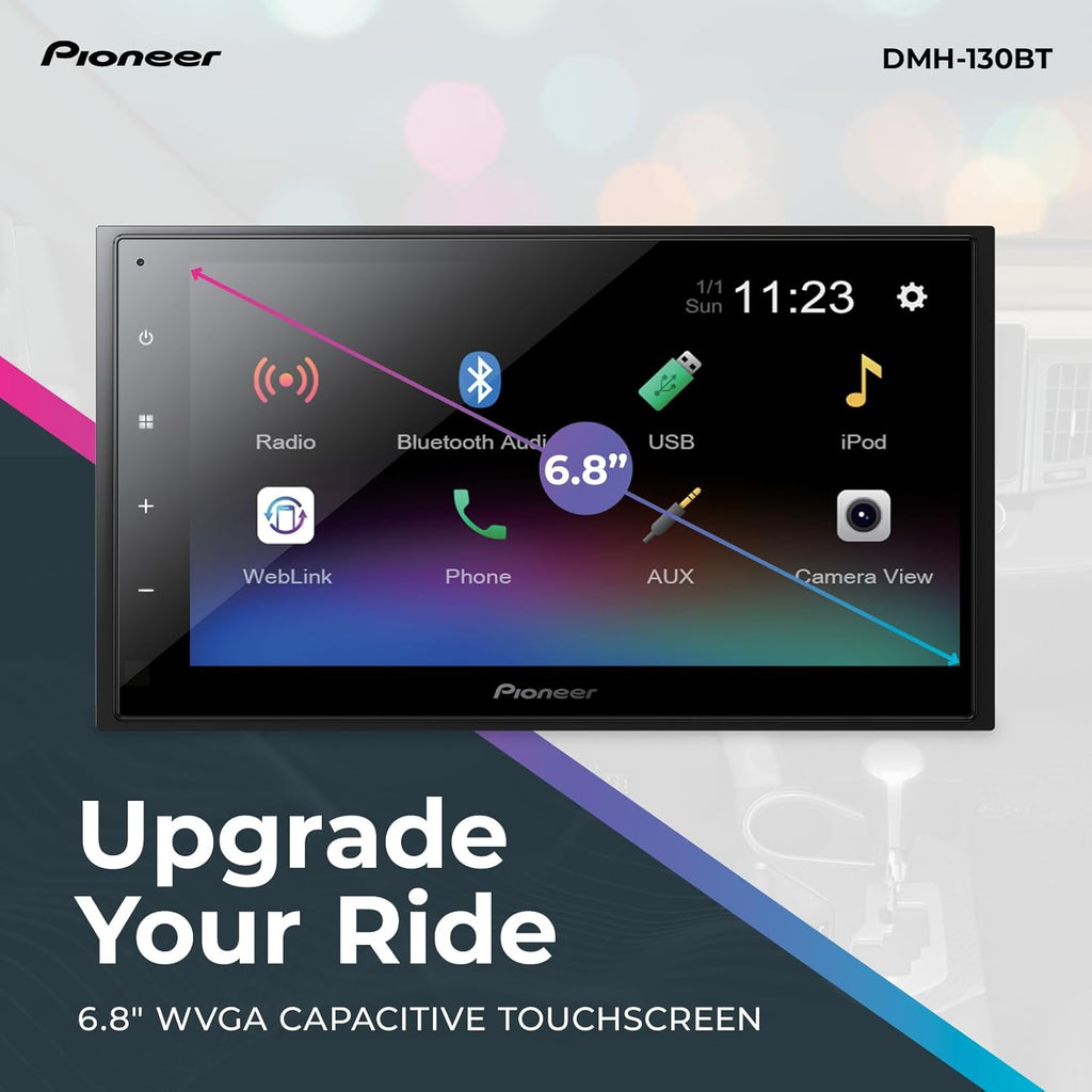 Autoradio Pioneer DMH-130BT 6,8" tactile résistif double DIN – Bluetooth, caméra de recul, USB, FLAC, radio AM/FM, châssis court, 4 x 50 W, entrée au volant – Présentation