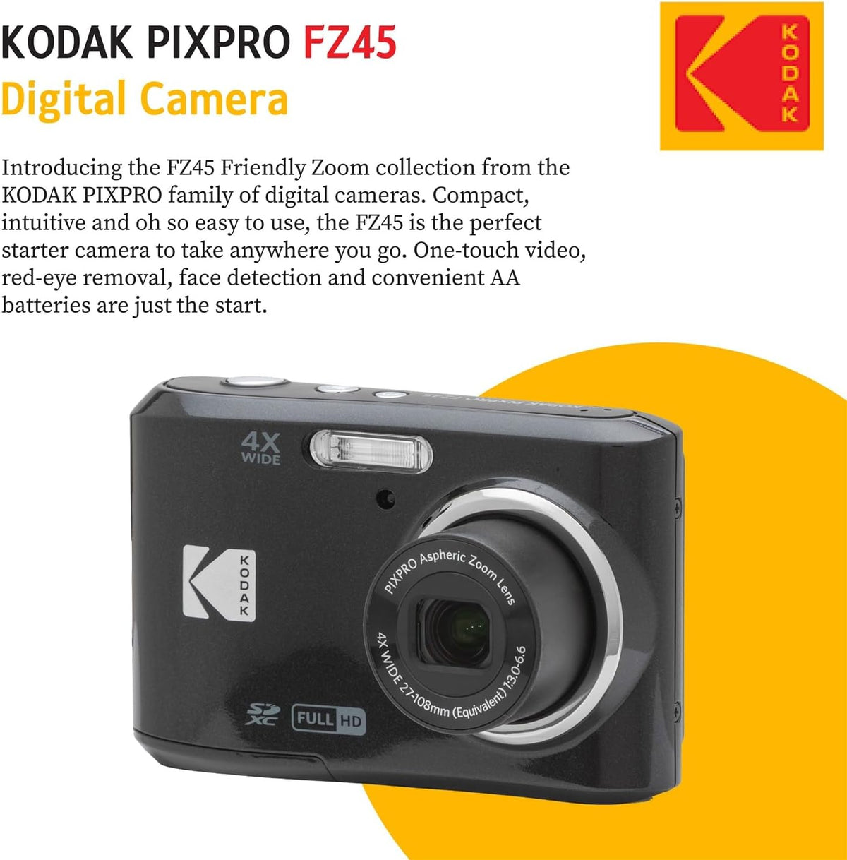 Appareil photo digital Kodak PIXPRO FZ45 (noir), étui, carte de stockage SDXC Sandisk 128 Go