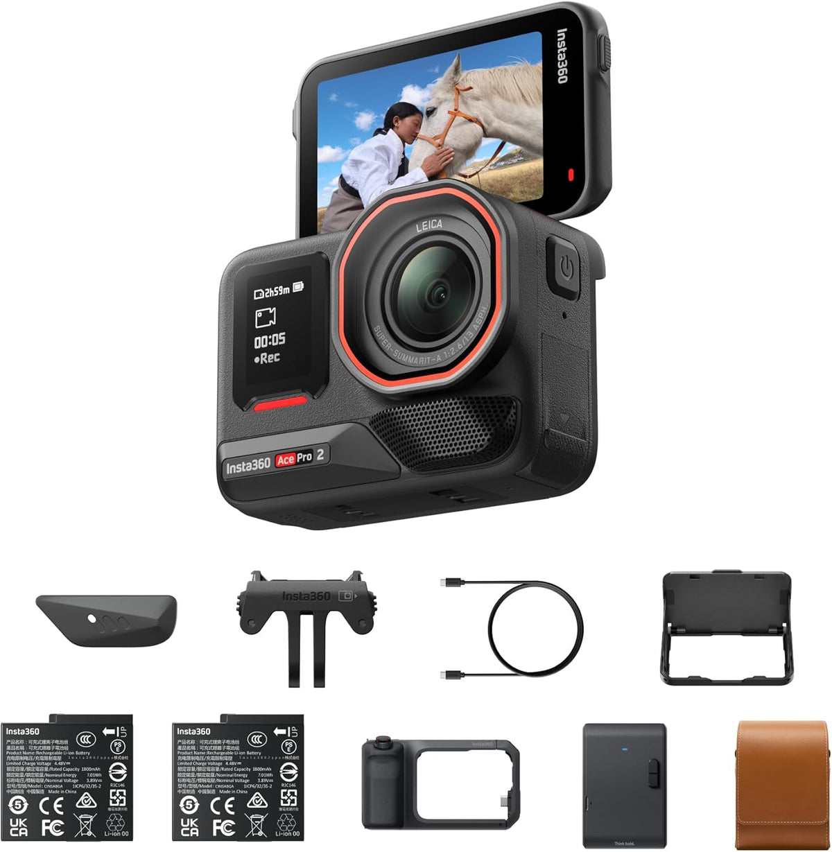 Kit Insta360 Ace Pro 2 Flash Print - Caméra sportive résistant à l’eau 8K conçue en collaboration avec Leica, capteur 1/1,3", double puce IA, performances exceptionnelles en basse lumière, kit Xplorer Grip Pro pour la photographie de rue