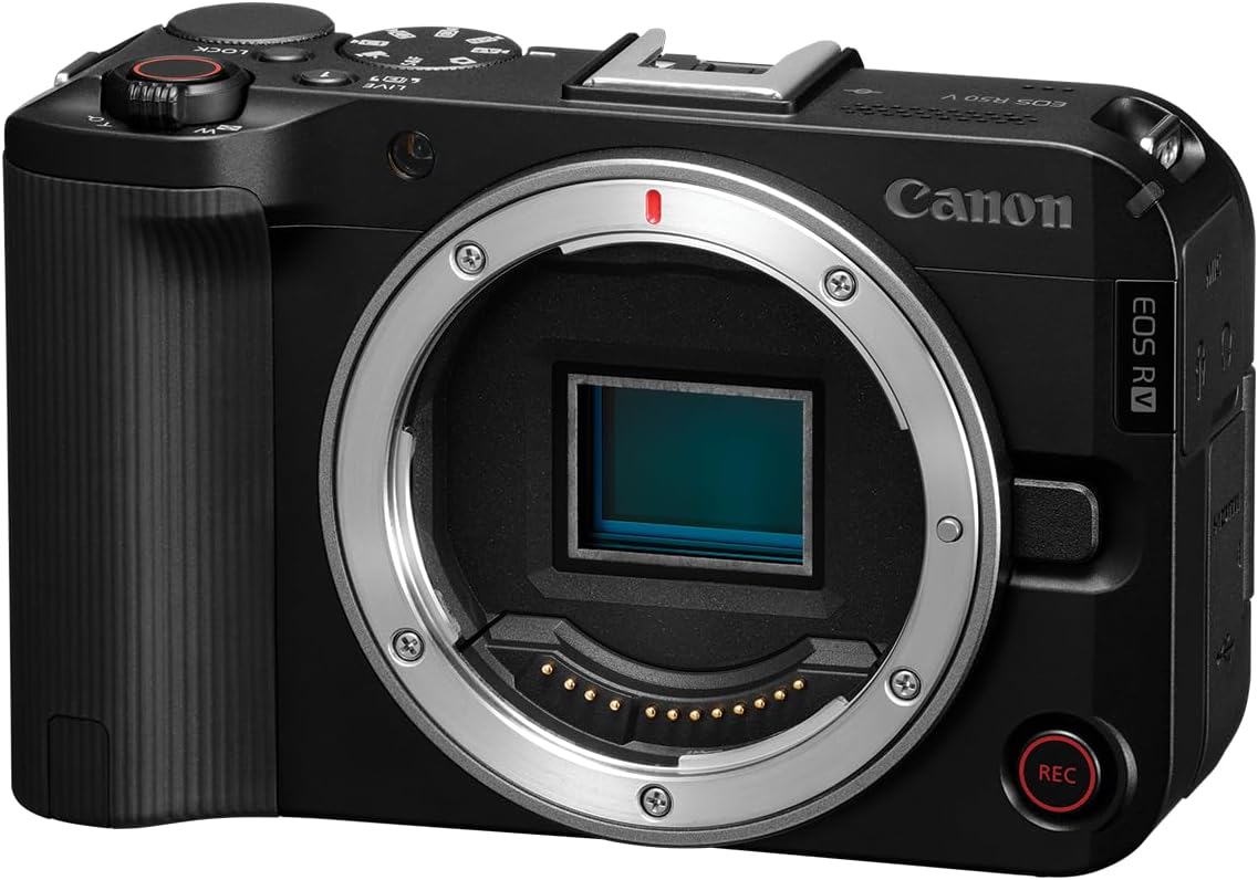 Appareil photo hybride Canon EOS R50 V doté de objectif RF-S 14-30 mm F4-6.3 IS STM PZ, capteur APS-C, 24,2 mégapixels, zoom ultra grand-angle, autofocus rapide, kit idéal pour le vlogging et le streaming en direct, noir.