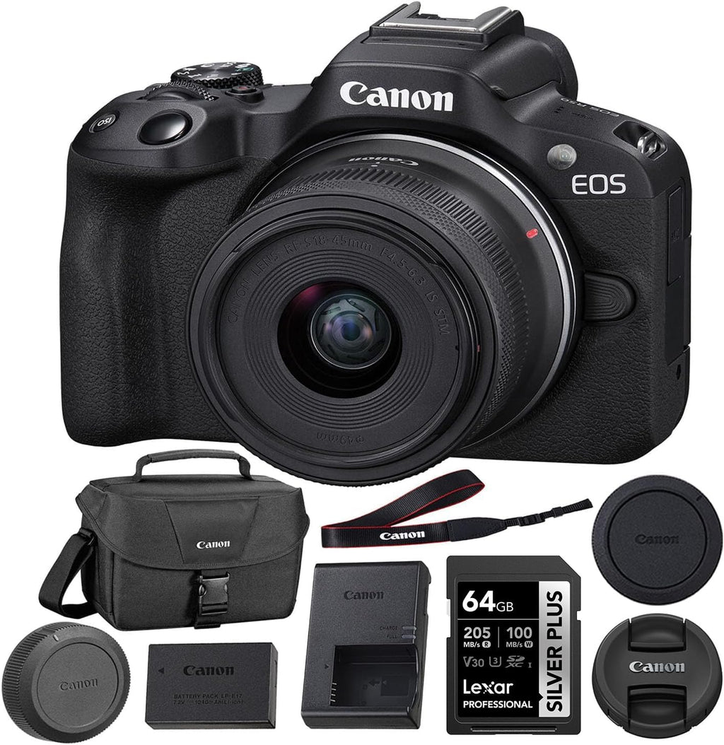Appareil photo hybride Canon EOS R50 avec objectif 18-45 mm (– Noir) + carte de stockage 64 Go + sac bandoulière Canon 200ES EOS (3 articles)