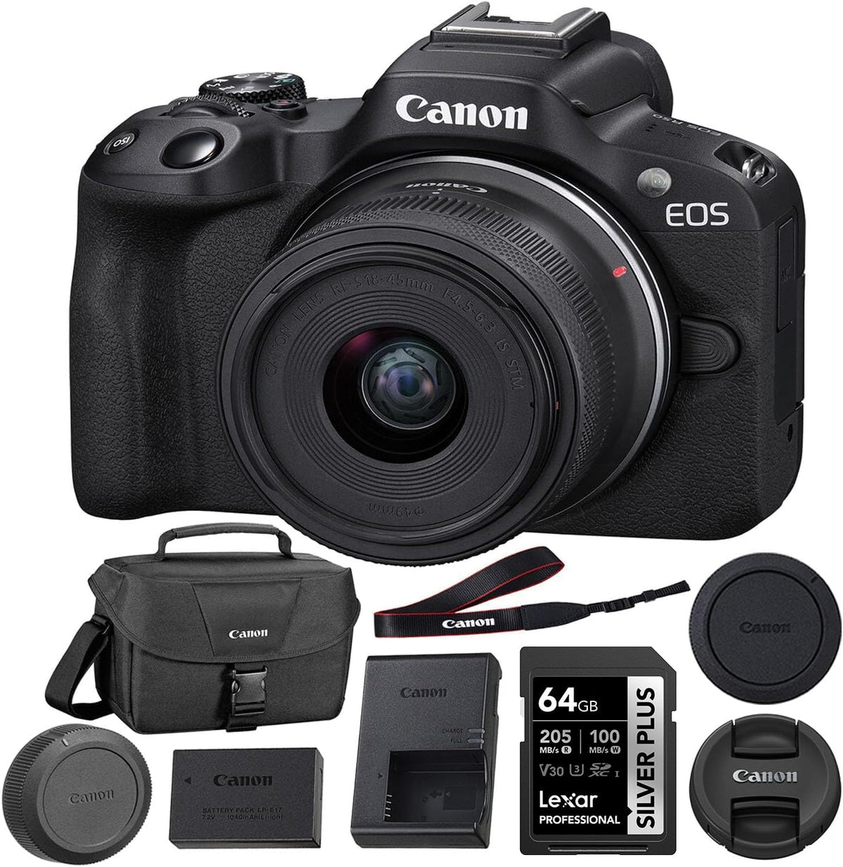 Appareil photo hybride Canon EOS R50 avec objectif 18-45 mm (– Noir) + carte de stockage 64 Go + sac bandoulière Canon 200ES EOS (3 articles)