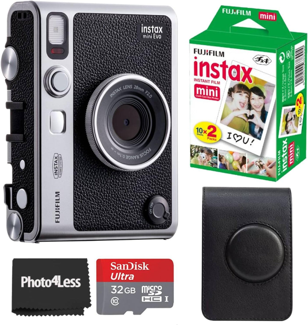 Appareil photo instantané Fujifilm Instax Mini EVO Hybrid - Noir | Pack de 2 films instantanés Instax Mini | Carte microSD 32 Go doté de adaptateur | Étui - Noir pour appareil photo