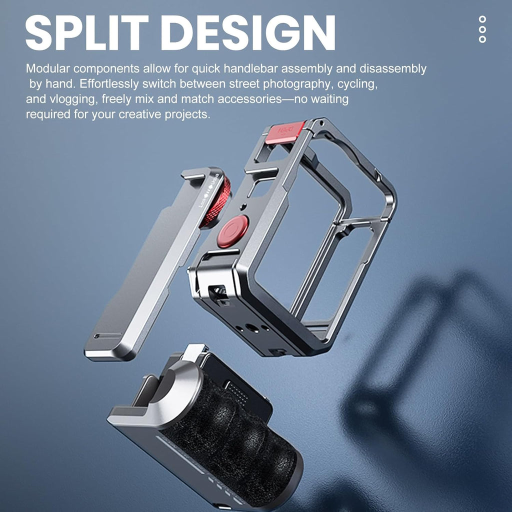 DJI Osmo Action 6 Essential Combo doté de poignée pour la photographie de rue. Caméra sportive doté de capteur carré 1/1,1″, ouverture variable de f/2.0 à f/4.0, enregistrement vidéo 8K, idéale pour une utilisation quotidienne.