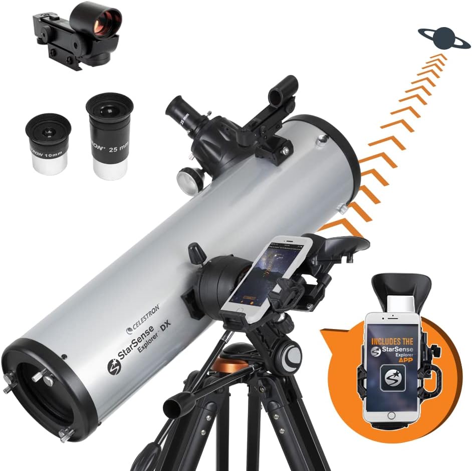 Lunette/télescope Celestron StarSense Explorer DX 130AZ doté de application intégrée – Réflecteur newtonien de 130 mm doté de station d'accueil pour smartphone et application StarSense – Compatible iPhone et Android – Facile à utiliser pour les ut…