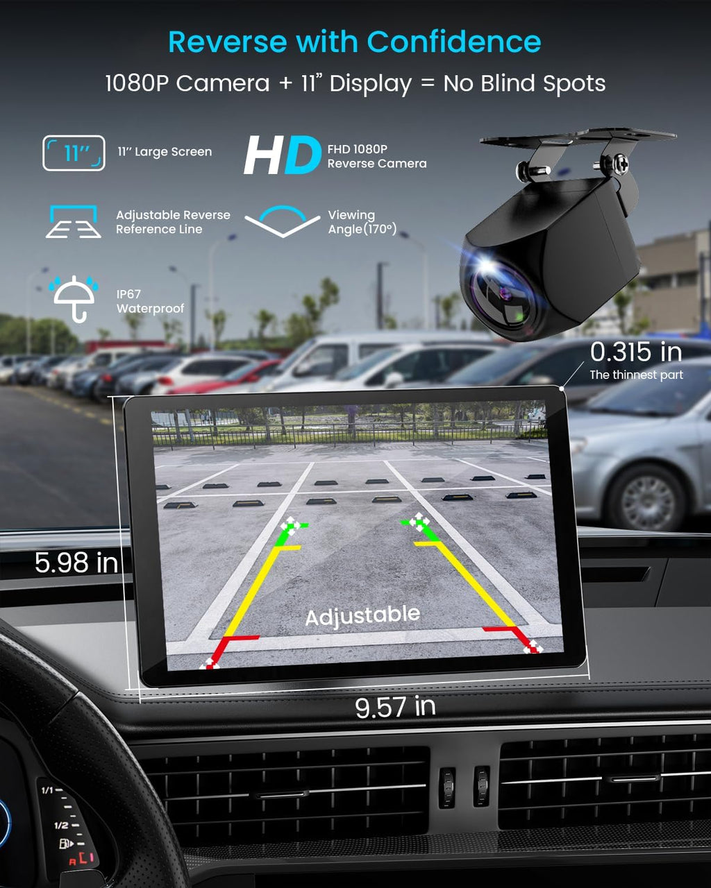 Écran sans fil extra large Apple CarPlay 11 pouces pour voiture – Autoradio tactile ultra-fin de 0,16 pouce doté de Android Auto, caméra embarquée 4K, caméra de recul 1080p, GPS, Mirror Link et commande vocale
