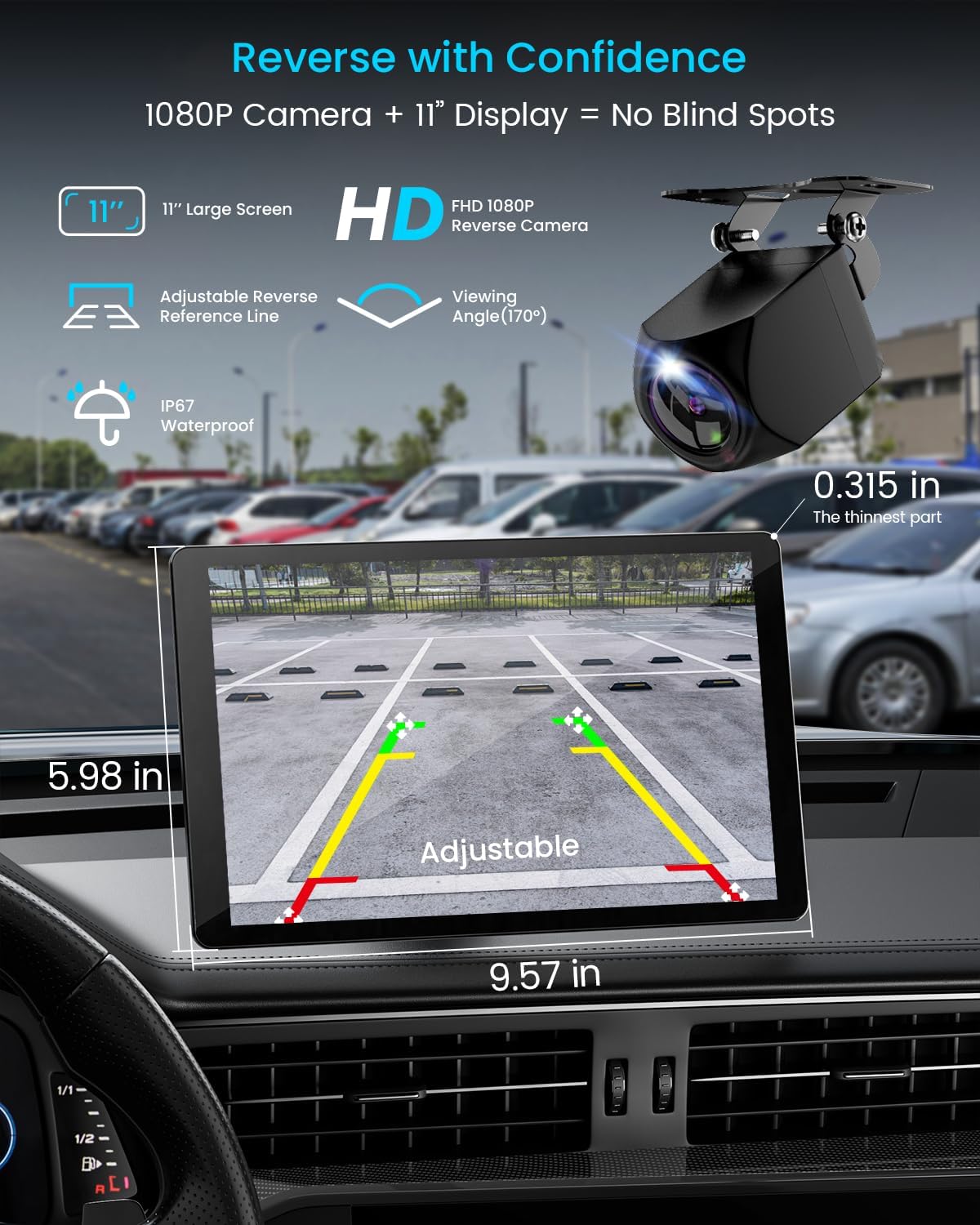 Écran sans fil extra large Apple CarPlay 11 pouces pour voiture – Autoradio tactile ultra-fin de 0,16 pouce doté de Android Auto, caméra embarquée 4K, caméra de recul 1080p, GPS, Mirror Link et commande vocale