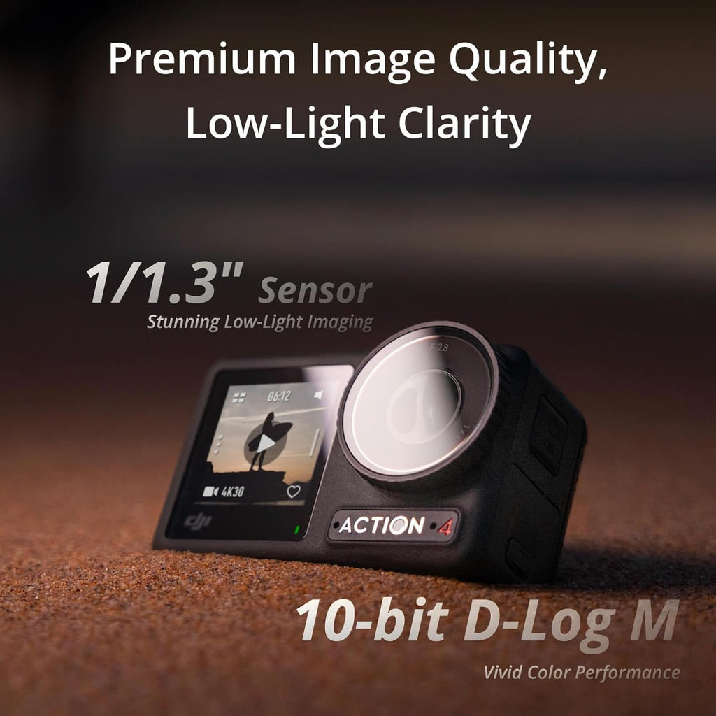 DJI Osmo Action 4 Essential Combo : Caméra d'action étanche 4K/120 ips doté de capteur 1/1,3 pouce, qualité d'image exceptionnelle en basse lumière, rendu des couleurs 10 bits et D-Log M, autonomie de 160 minutes en extérieur.