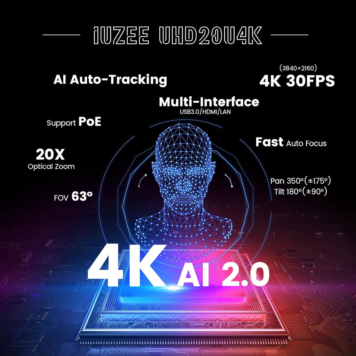 Caméra PTZ 4K UHD doté de suivi automatique IA, grossissement optique 20x, USB 3.0/HDMI/LAN PoE, diffusion en direct sur IP, caméra PTZ pour salles de conférence (offices religieux, formations, événements), compatible doté de YouTube et OBS.