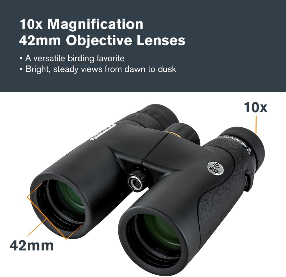 Jumelles Celestron–Nature DX ED 10x42 Premium – Objectifs à très faible dispersion – Jumelles pour l'extérieur et l'observation des oiseaux – Traitement multicouche intégral avec prismes BaK-4 – Revêtement en caoutchouc – Jumelles antibuée et rési…