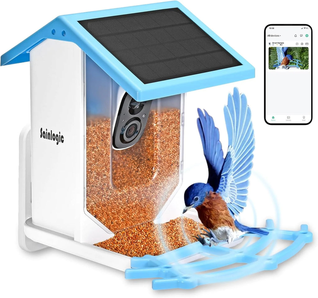 Mangeoire intelligente pour oiseaux avec caméra HD 1080p, identification des espèces d'oiseaux grâce à 2 panneaux solaires, détection de mouvement WiFi, mangeoire intelligente idéale en cadeau (bleu clair) (bleu paon) – Présentation