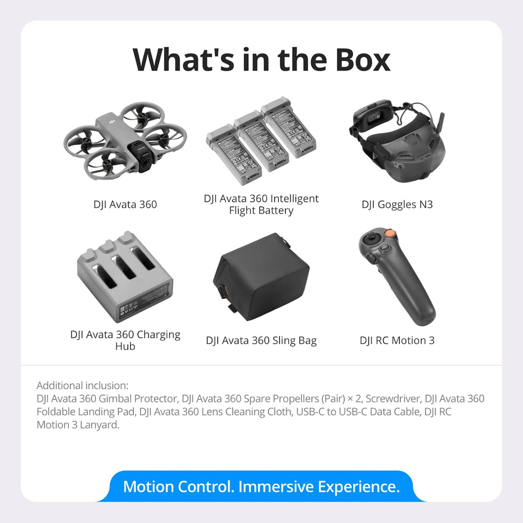 DJI Avata 360 Motion Fly More Combo, drone 360° doté de caméra 360° 8K de 1 pouce et protection d'hélices. Comprend les lunettes N3 et la radiocommande RC Motion 3 pour un contrôle intuitif des mouvements et des figures acrobatiques faciles.