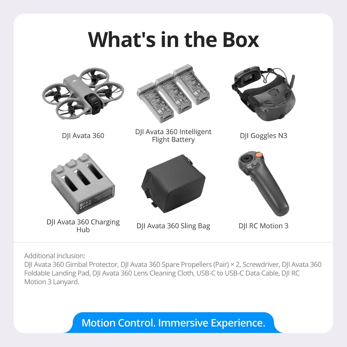 DJI Avata 360 Motion Fly More Combo, drone 360° doté de caméra 360° 8K de 1 pouce et protection d'hélices. Comprend les lunettes N3 et la radiocommande RC Motion 3 pour un contrôle intuitif des mouvements et des figures acrobatiques faciles.