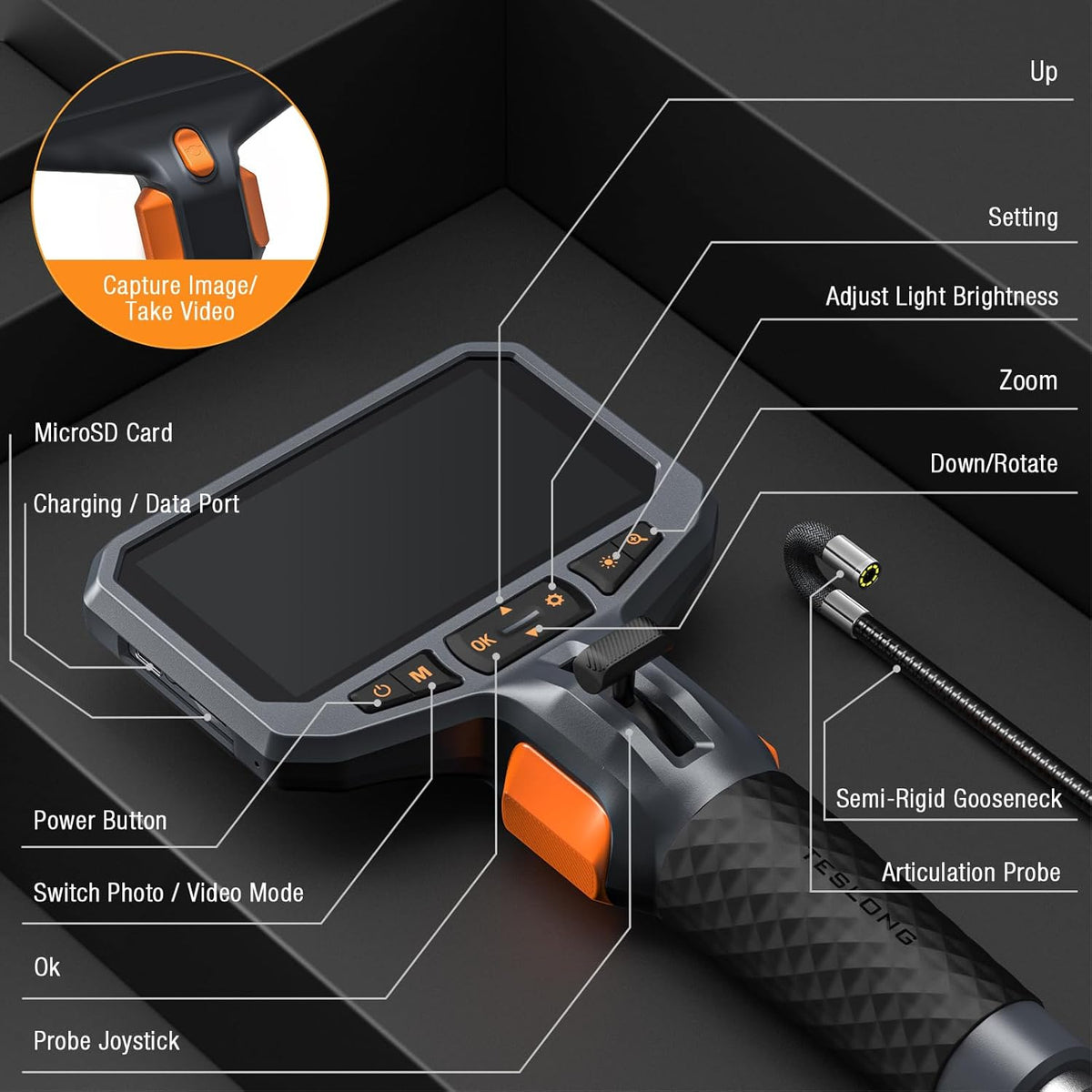 Endoscope articulé bidirectionnel Teslong avec lumière, caméra d'inspection industrielle avec sonde articulée, caméra endoscopique flexible à fibre optique pour l'inspection murale et des moteurs automobiles - 1,5 m – Présentation
