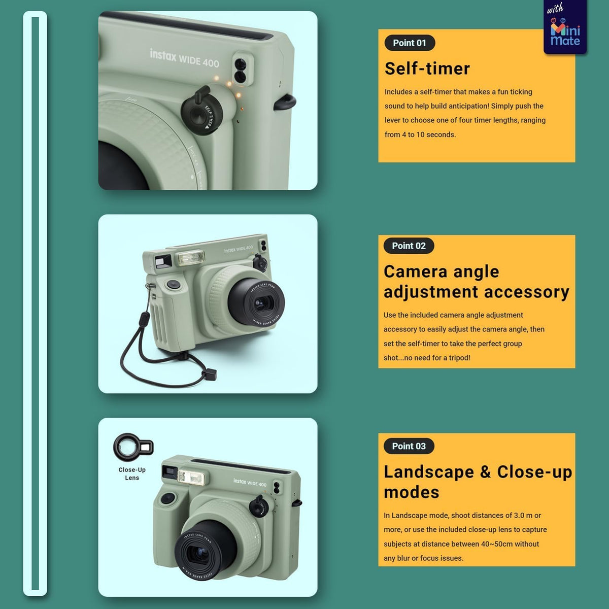 Appareil photo instantané Fujifilm INSTAX Wide 400 - Vert sauge doté de chiffon de nettoyage en microfibre Pixibytes (appareil photo + 2 packs doubles Wide)