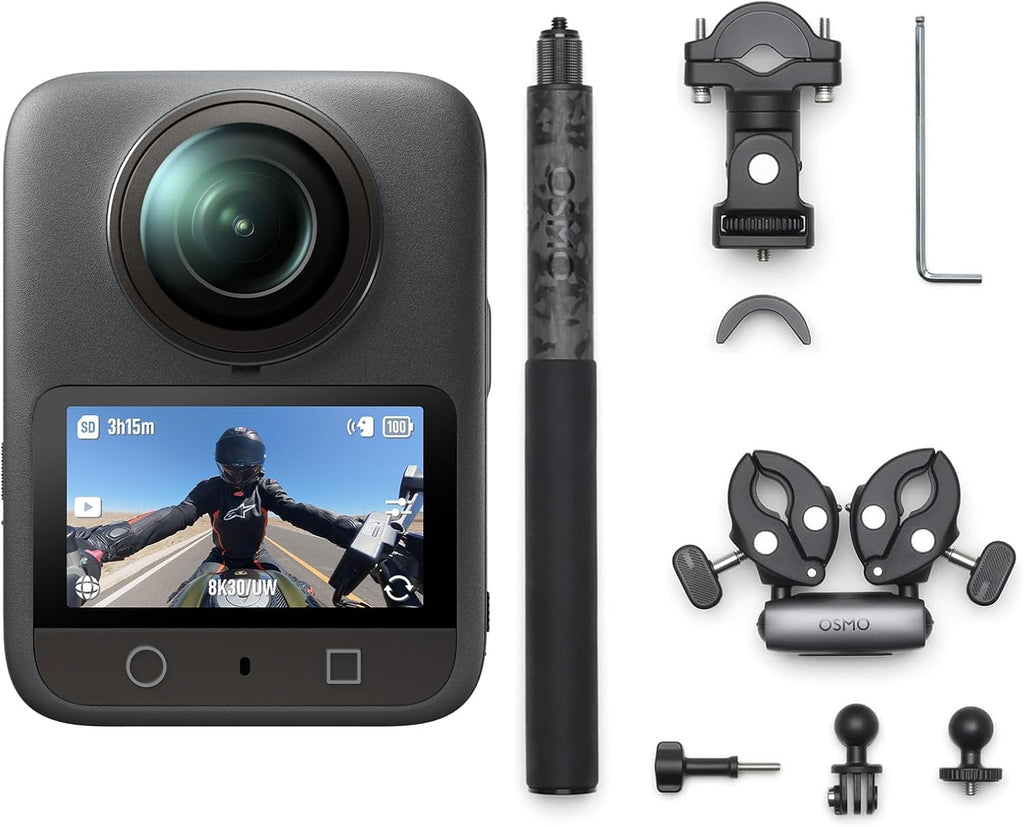 Caméra sportive DJI Osmo 360 pour moto, offrant une vision multi-points de vue (POV) avec un écran de 1 pouce, une caméra 360° 4K/120 ips, un système Boost à 170°, un support robuste et une résolution native 8K.