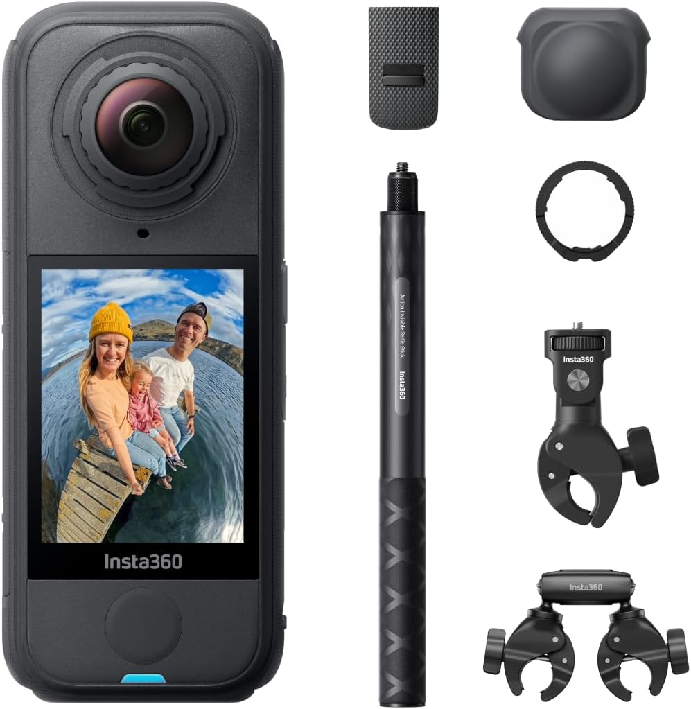 Pack multivue ultime Insta360 X4 Air pour moto - Caméra 360° 8K légère (165 g), perche à selfie invisible, objectifs interchangeables, prise de vue avant cadrage, protection anti-vent intégrée, stabilisation – Présentation