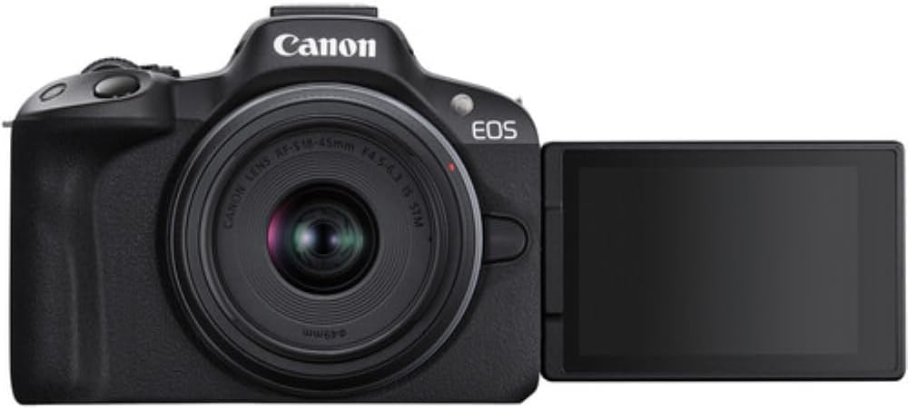 Appareil photo hybride Canon EOS R50 avec objectif 18-45 mm (– Noir) + carte de stockage 64 Go + sac bandoulière Canon 200ES EOS (3 articles)