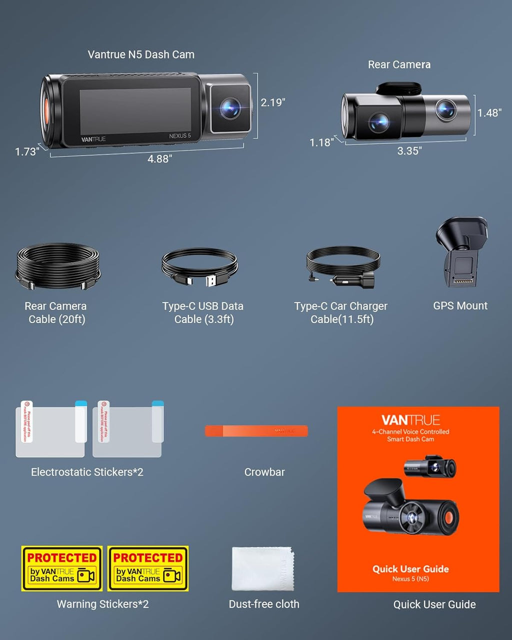 Caméra embarquée Vantrue N5 4 canaux WiFi 360° doté de vision nocturne infra– Rouge STARVIS 2, 2,7K + 1080P*3, caméra avant/arrière/intérieure, commande vocale, GPS, enregistrement en mémoire tampon 24 heures, mode parking