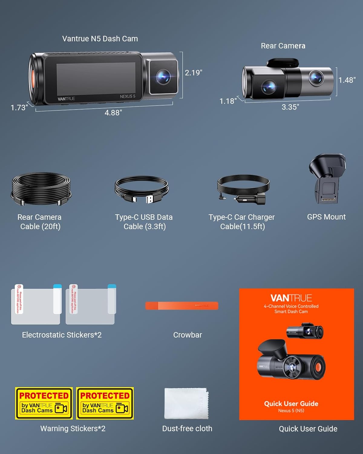 Caméra embarquée Vantrue N5 4 canaux WiFi 360° doté de vision nocturne infra– Rouge STARVIS 2, 2,7K + 1080P*3, caméra avant/arrière/intérieure, commande vocale, GPS, enregistrement en mémoire tampon 24 heures, mode parking