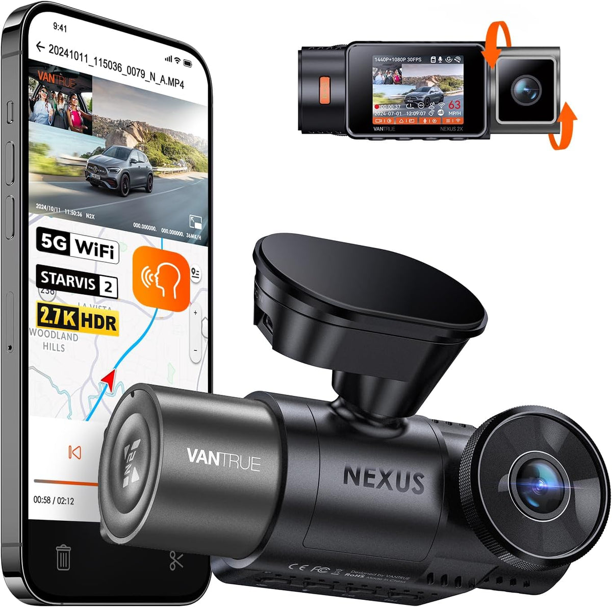 Caméra embarquée Vantrue N2X 2.7K (avant et intérieur) avec double caméra WiFi 5G, vision nocturne infra– Rouge HDR, STARVIS 2, GPS, enregistrement vidéo 2.5K/60 ips, capteur G, mode parking 24h/24 et 7j/7, commande vocale