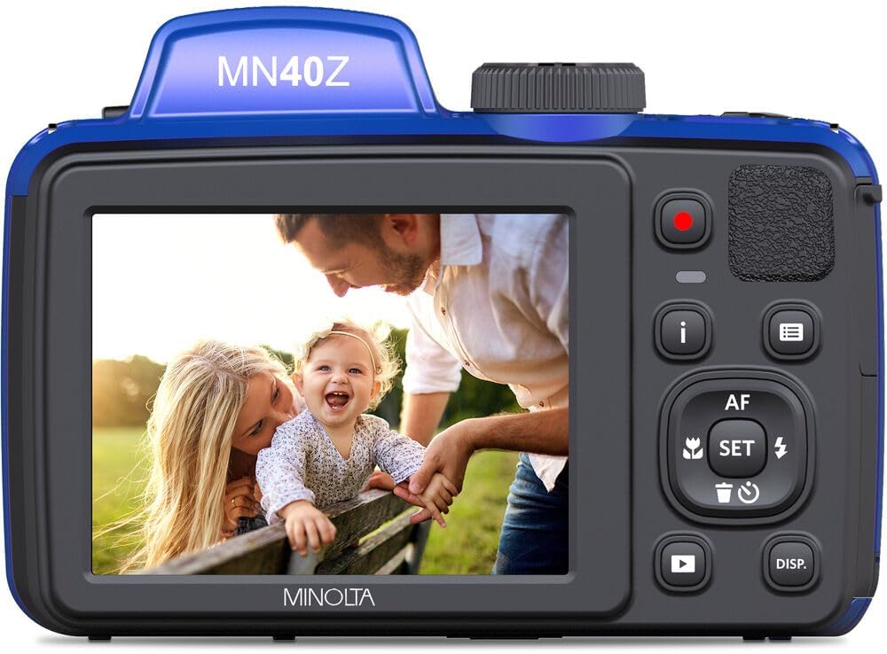 Appareil photo numérique MINOLTA MN40Z 20 mégapixels, zoom optique 40x, vidéo Full HD 1080p, bleu. Pack comprenant : carte mémoire 64 Go, trépied pour vlogging, 4 piles AA doté de chargeur et accessoires.