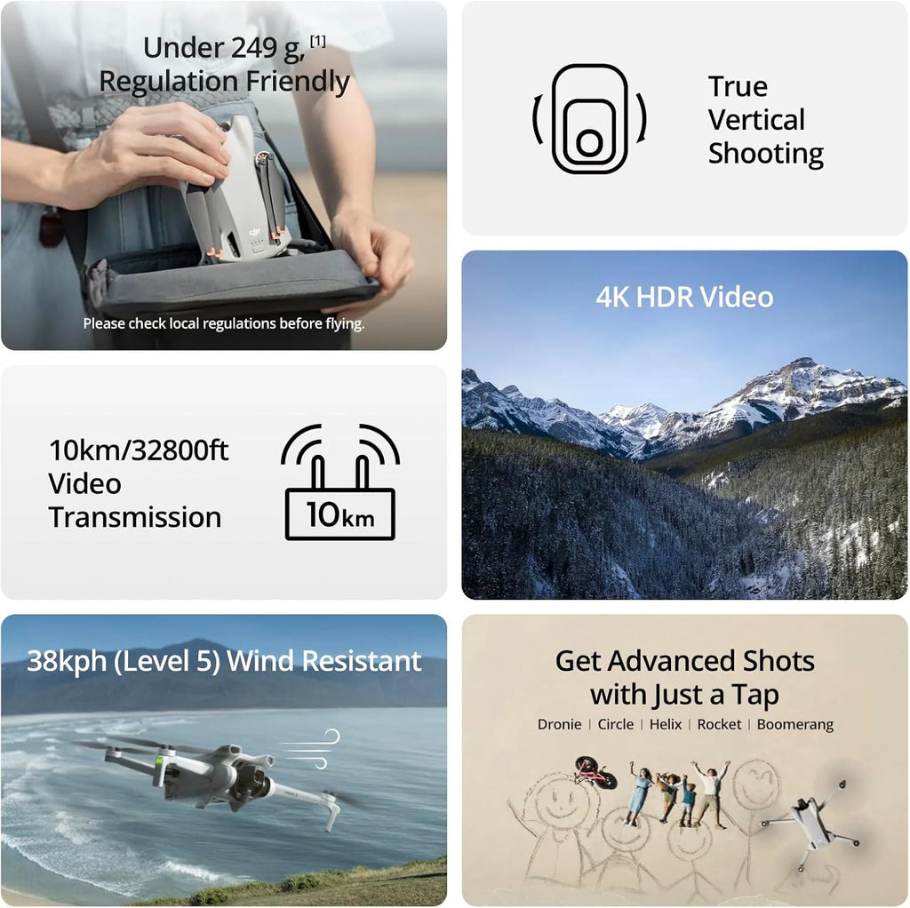 DJI Mini 3, Drone doté de caméra pour adultes, 4K, 38 min d'autonomie, transmission vidéo jusqu'à 10 km, prise de vue verticale, retour automatique GPS intégré, Mini drone doté de caméra pour débutants